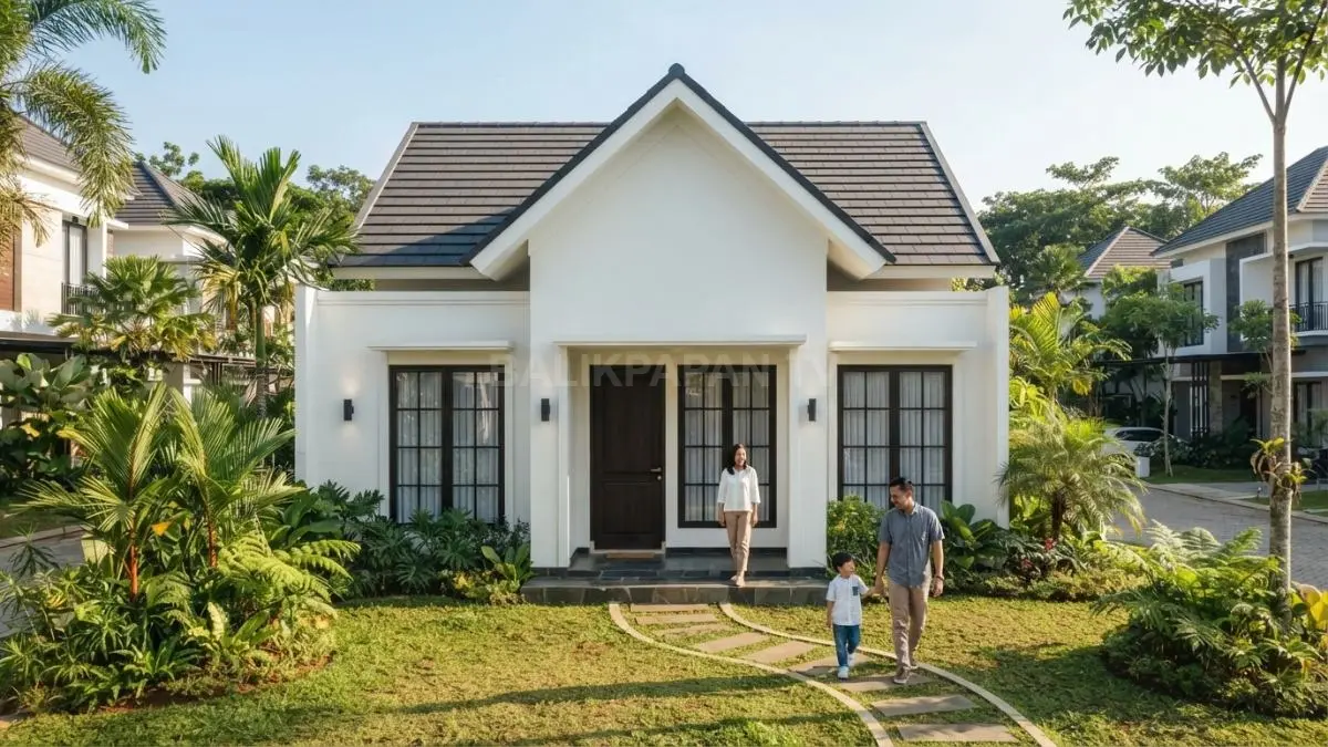 Rumah minimalis Eropa bergaya cottage memadukan atap pelana, fasad sederhana, jendela simetris, dan taman hijau. (BTV/AI)