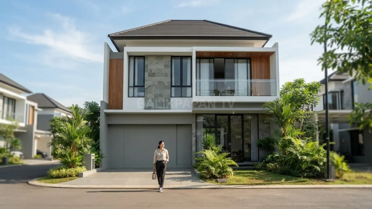 Rumah minimalis Jerman menghadirkan fasad geometris, jendela besar, material natural, serta garasi menyatu elegan. (BTV/AI)