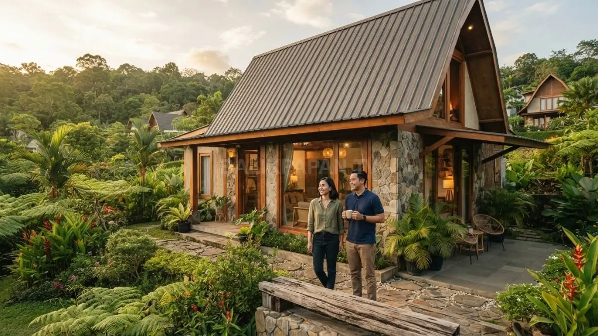 Rumah perdesaan bergaya dongeng memadukan kayu, batu alam, atap khas, taman, dan pencahayaan hangat alami. (BTV/AI)
