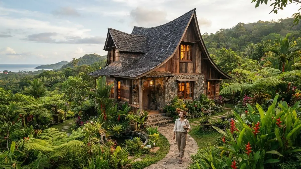 Rumah perdesaan bergaya dongeng memadukan kayu, batu, atap khas, taman, dan pencahayaan hangat alami. (BTV/AI)