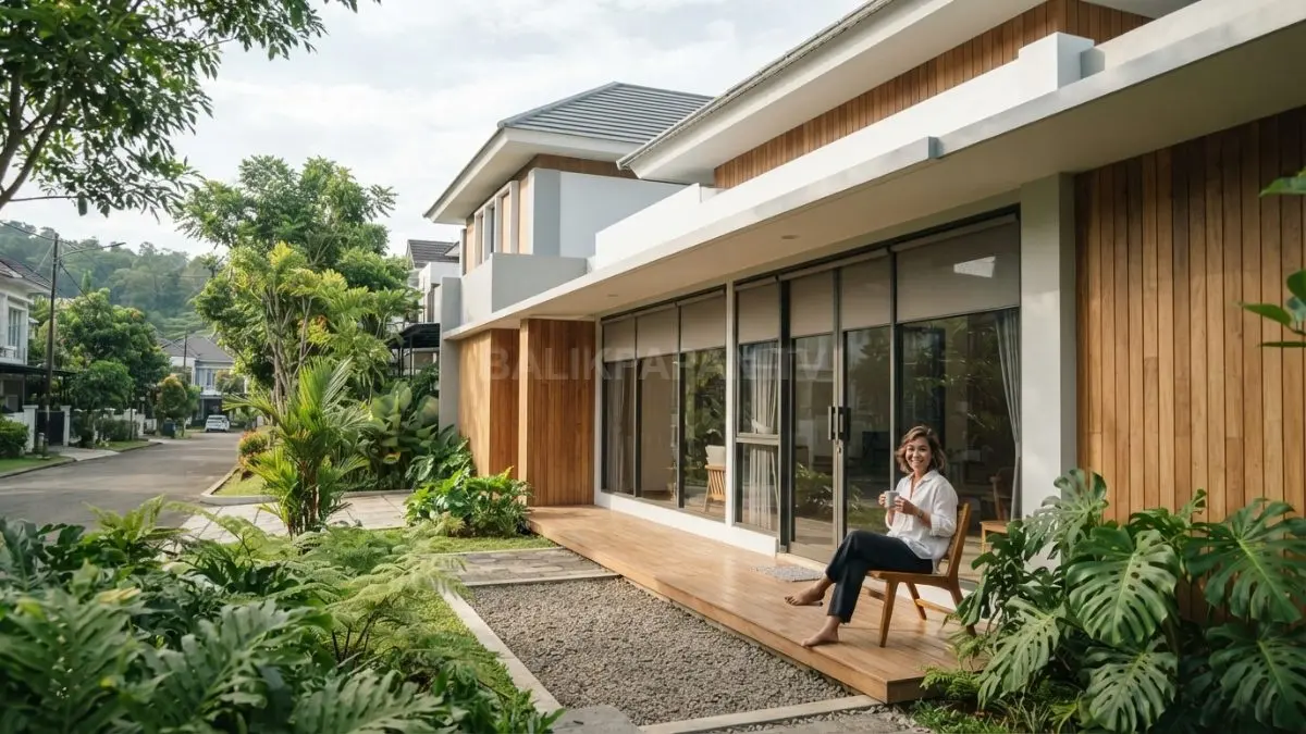 Rumah Scandinavian-European memadukan fasad putih, kayu natural, kaca besar, teras memanjang, dan taman hijau. (BTV/AI)