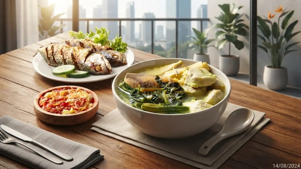 Semangkuk Gangan Karuh khas Banjar dengan keladi, pisang muda, sayuran, dan ikan air tawar. (BTV/AI)