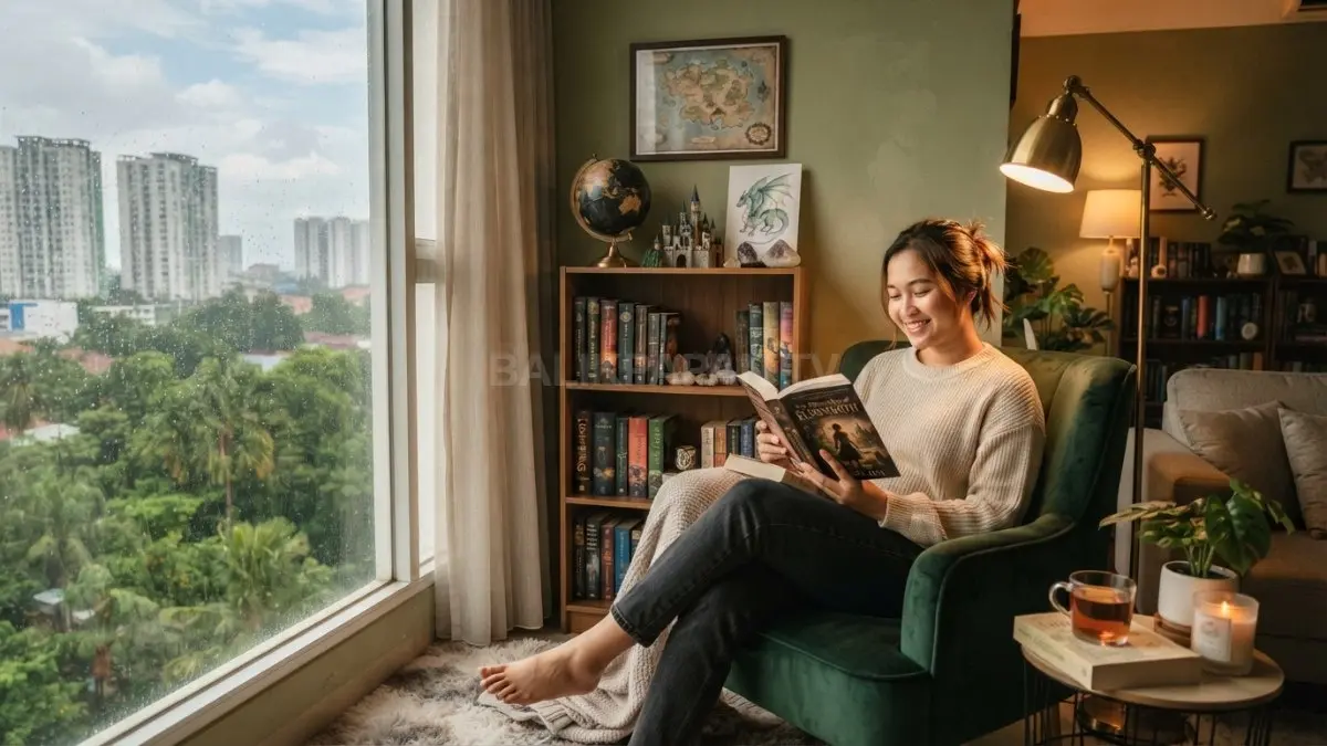Sudut baca bernuansa fantasi memadukan kursi empuk, rak buku, pencahayaan hangat, dan dekorasi dunia fantasi. (BTV/AI)