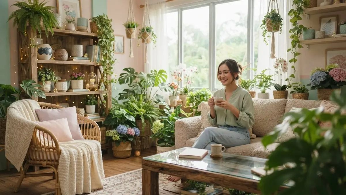 Whimsical garden memadukan tanaman, bunga, rotan, kayu, tekstil lembut, dan lampu kecil bernuansa fantasi. (BTV/AI)