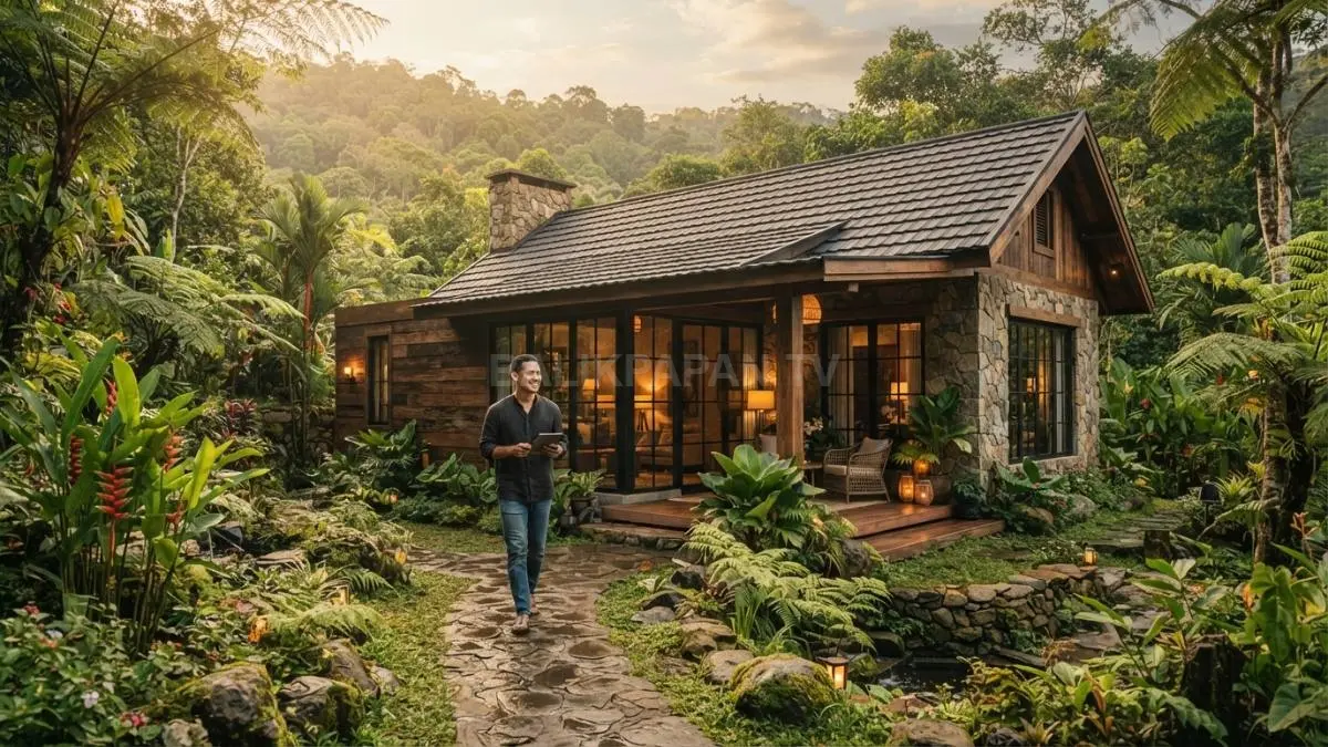 Woodland cottage memadukan fasad kayu, batu alam, jendela besar, taman hijau, dan atap natural berkarakter. (BTV/AI)