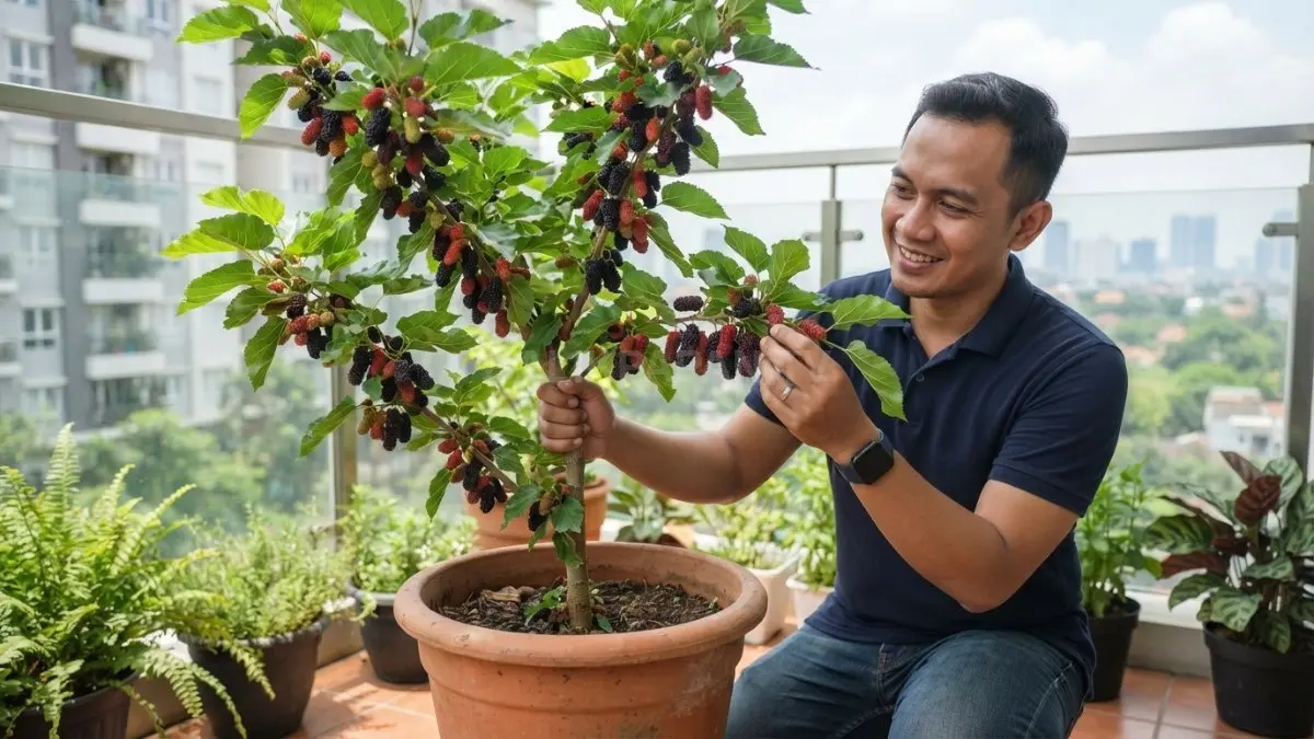 Tanaman murbei dalam pot menjadi pilihan urban farming untuk menikmati panen buah di halaman rumah terbatas.