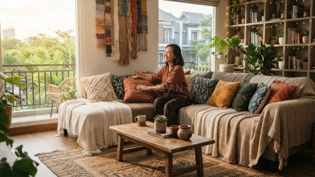 Dekorasi festival bohemian memadukan tekstil berlapis, warna hangat, serat alami, dan cushion bermotif untuk suasana meriah. (BTV/AI)