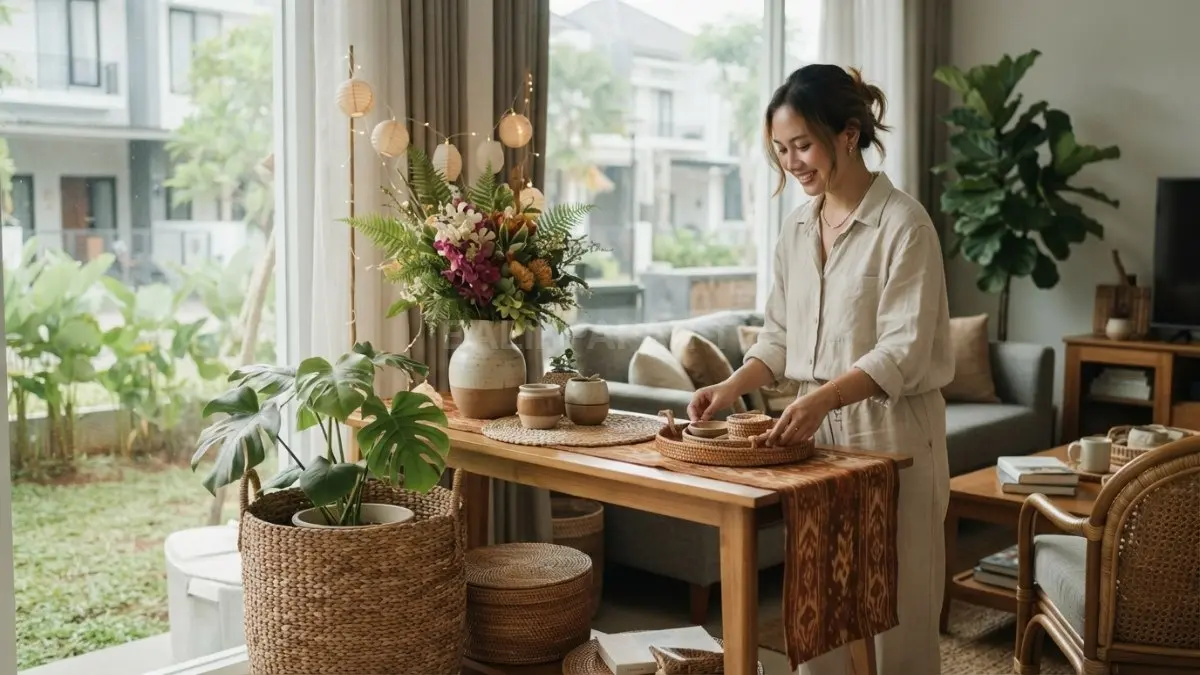 Dekorasi festival natural memadukan bunga, rotan, tanaman hijau, keramik, dan kain hangat untuk suasana nyaman. (BTV/AI)