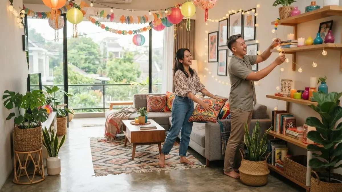 Home decor festival memadukan warna cerah, tekstur, lampu, tanaman, dan ornamen untuk menciptakan suasana rumah meriah. (BTV/AI)