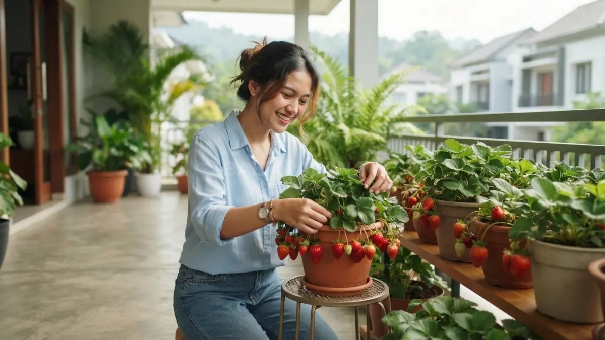 Letakkan pot stroberi di area bercahaya cukup dengan sirkulasi udara baik untuk mendukung pertumbuhan dan pembuahan optimal (BTV/AI)