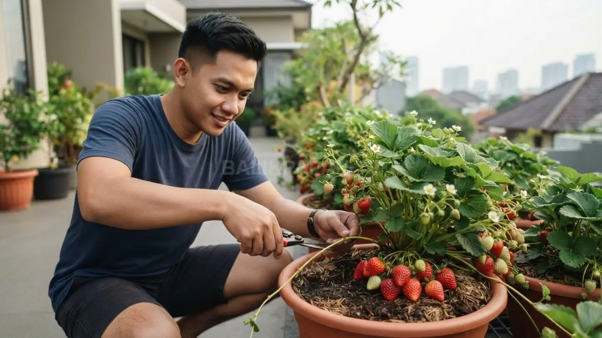 Pangkas stolon berlebih dan atur buah agar energi stroberi terfokus pada pertumbuhan serta produksi optimal (BTV/AI)