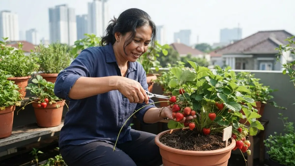 Pangkas stolon berlebih dan atur buah agar energi tanaman lebih fokus menghasilkan stroberi berkualitas dan lebat. (BTV/AI)