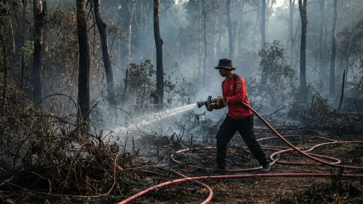 Petugas memadamkan karhutla di lahan kering kawasan Balikpapan dan Kaltim.
