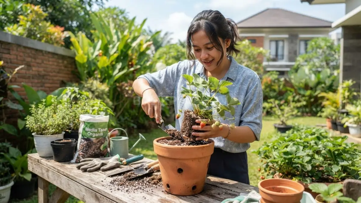 Pot besar dengan drainase baik membantu akar stroberi berkembang sehat dan mencegah genangan air berlebih. (BTV/AI)
