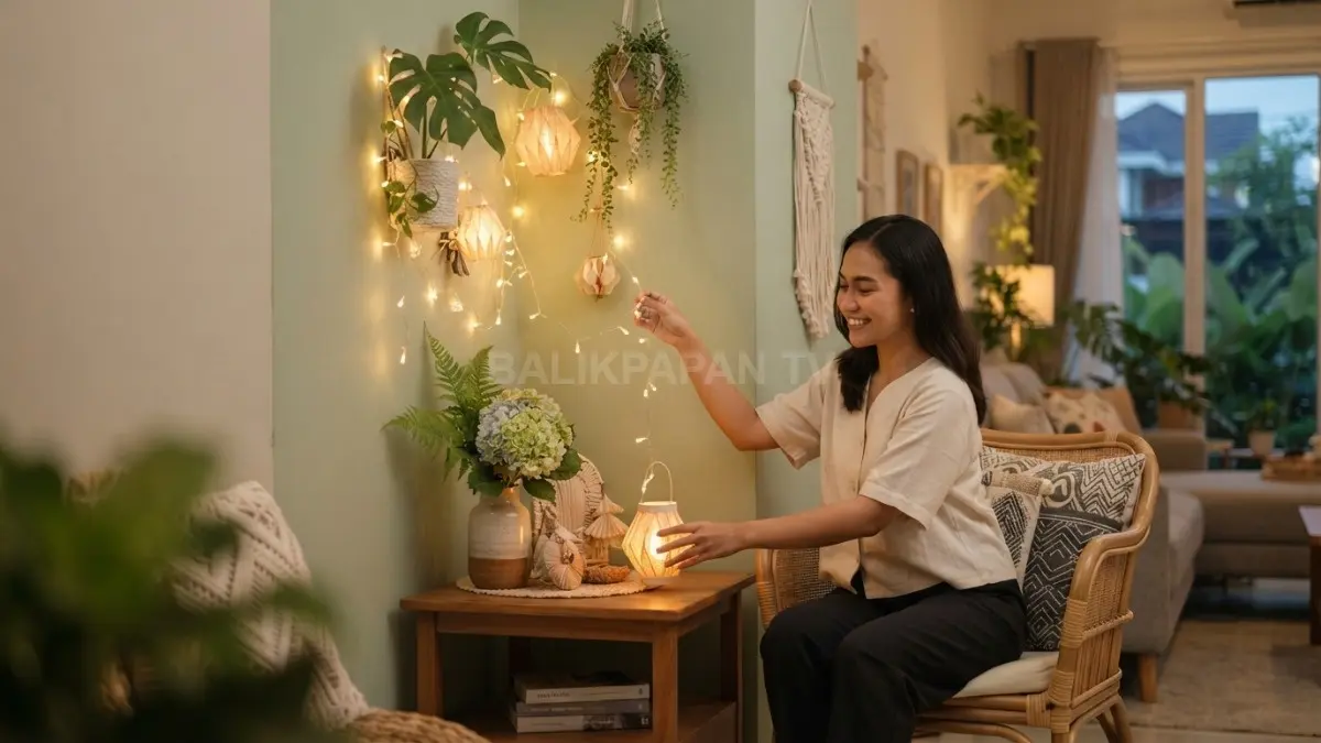 Sudut festival menghadirkan lampion, string light, vas bunga, dan kerajinan sebagai focal point dekorasi rumah. (BTV/AI)