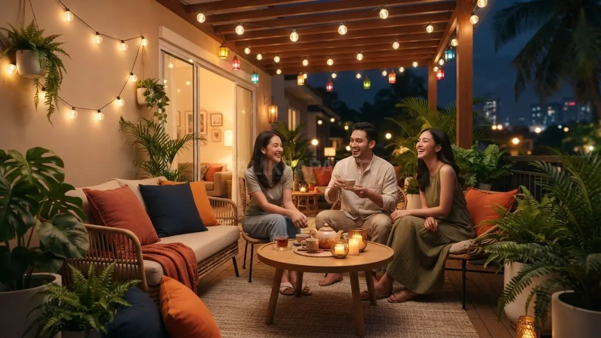 Teras festival menghadirkan karpet outdoor, cushion, lampion, tanaman, dan pencahayaan hangat untuk berkumpul bersama keluarga. (BTV/AI)