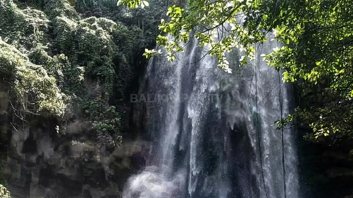 Air Terjun Jantur Inar mengalir deras di tengah hutan tropis Kutai Barat yang masih alami.