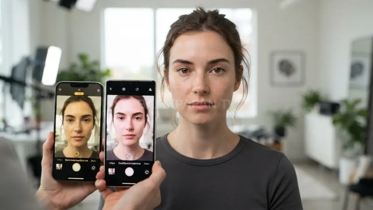 Analisis warna kulit berbasis teknologi AI pada dua ponsel cerdas menampilkan hasil undertone yang presisi. (BTV/Ai)
