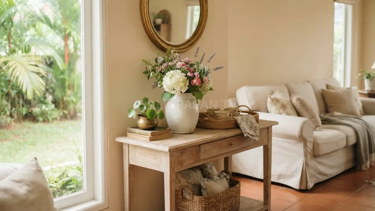 Bunga lembut, vas keramik, tanaman hijau, dan dekorasi vintage mempercantik sudut rumah bergaya French country secara natural. (BTV/AI)
