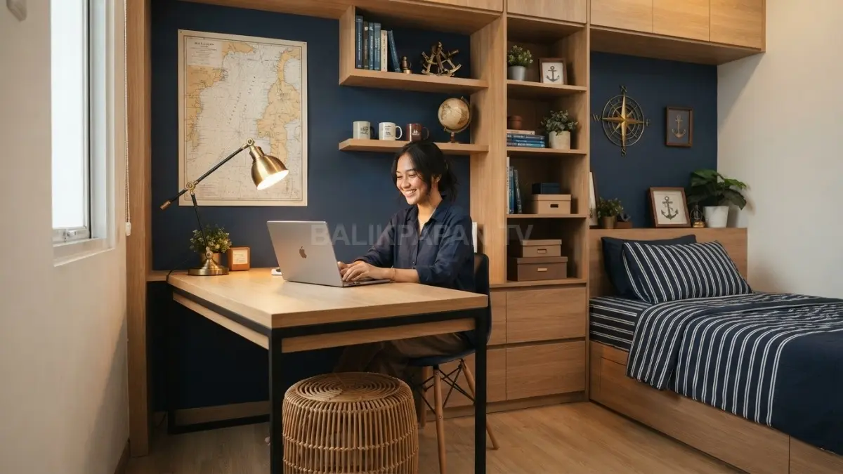 Captain cabin memadukan meja kerja, rak terintegrasi, penyimpanan, kayu, dan dekorasi navigasi bernuansa kapal modern. (BTV/AI)