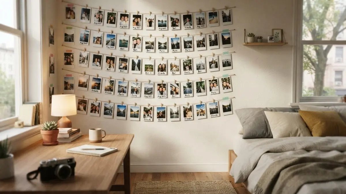 Dekorasi kamar dengan foto Polaroid tersusun rapi pada dinding sebagai photo wall personal dan hemat. (BTV/AI)