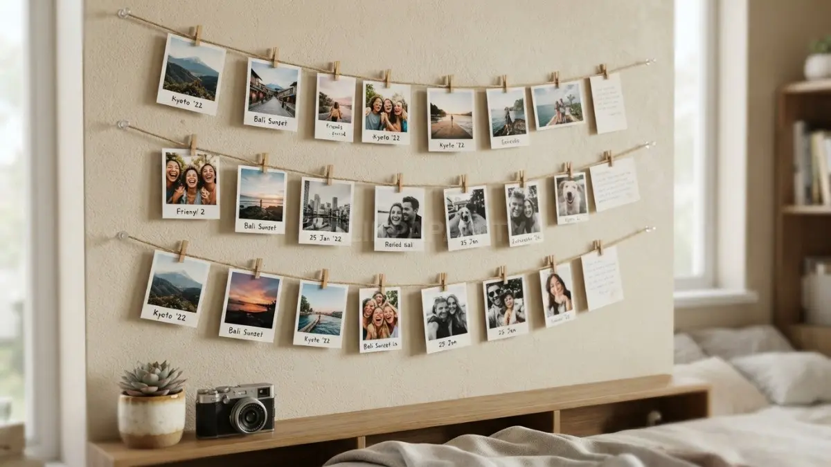Dekorasi tali dengan jepitan mini menjadi cara praktis memajang foto sekaligus membuat kamar terasa lebih personal dan rapi (BTV/AI).