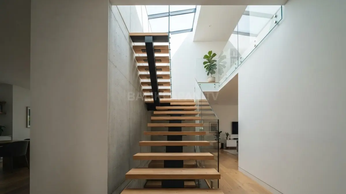 Desain interior tangga sempit dengan skylight menghadirkan cahaya alami, hemat ruang, aman, dan tetap modern (BTV/AI)