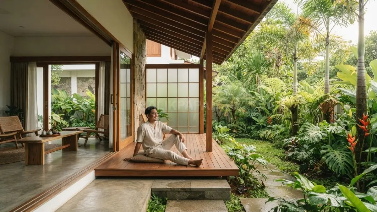 Engawa menghadirkan ruang transisi teduh yang menghubungkan interior rumah dengan taman secara alami dan bertahap. (BTV/AI)