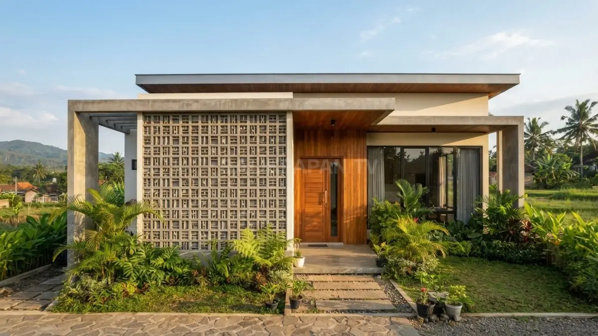 Fasad rumah tropis modern dengan roster dan ventilasi geometris sebagai elemen estetika sekaligus penghawaan alami. (BTV/AI)