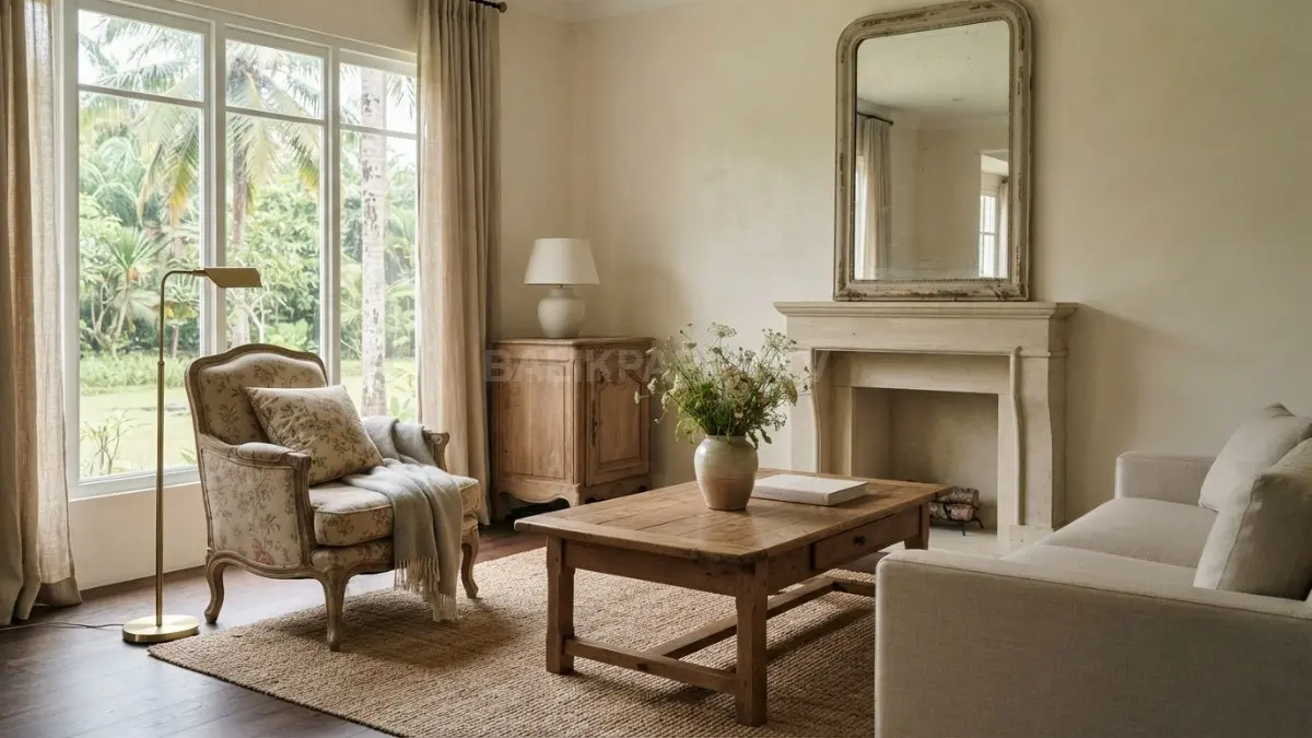Furnitur vintage berpadu elemen modern, menciptakan ruang French country berkarakter, hangat, elegan, dan nyaman sehari-hari. (BTV/AI)