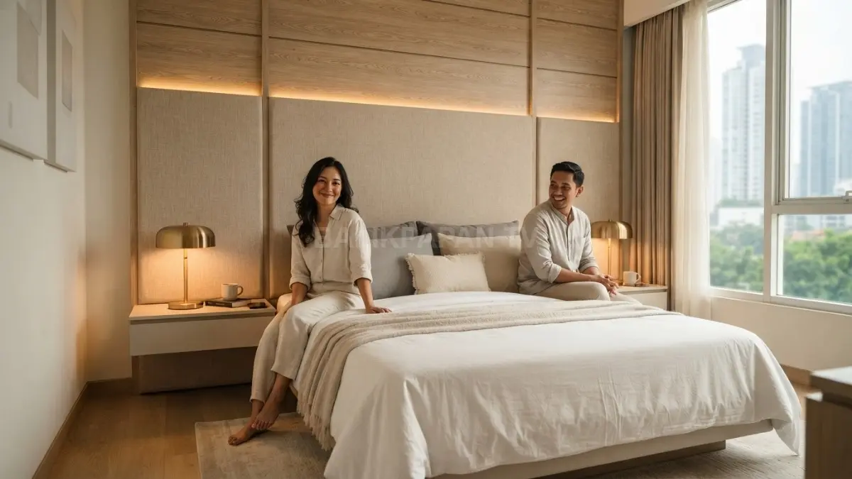 Headboard sederhana menjadi pusat perhatian, menciptakan kamar minimalis bernuansa hotel yang nyaman, rapi, dan tetap fungsional (BTV/AI)
