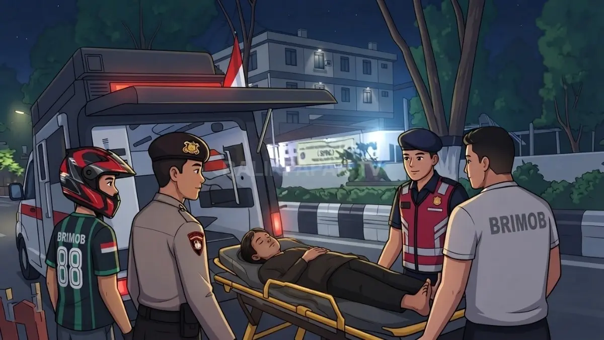 Ilustrasi pengendara Honda Vario dievakuasi personel Brimob setelah mengalami kecelakaan tunggal di Jalan Jenderal Sudirman. (BTV/AI)
