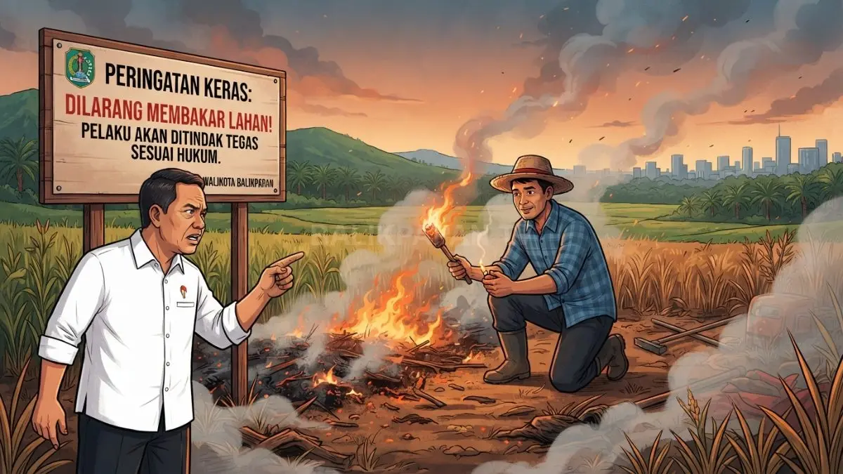 Ilustrasi petani membakar lahan saat kemarau, menggambarkan larangan Pemkot Balikpapan mencegah kebakaran dan hotspot meningkat (BTV/AI)