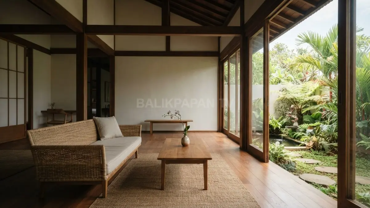 Interior rumah bergaya Jepang memadukan ruang kosong, kayu, cahaya alami, dan taman harmonis sebagai fokus. (BTV/AI)
