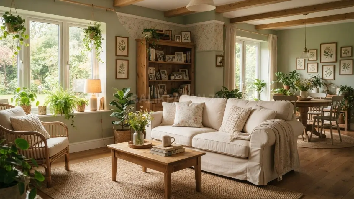 Interior rumah bernuansa dongeng menghadirkan warna lembut, furnitur kayu, tanaman hijau, pencahayaan hangat, dan detail. (BTV/AI)