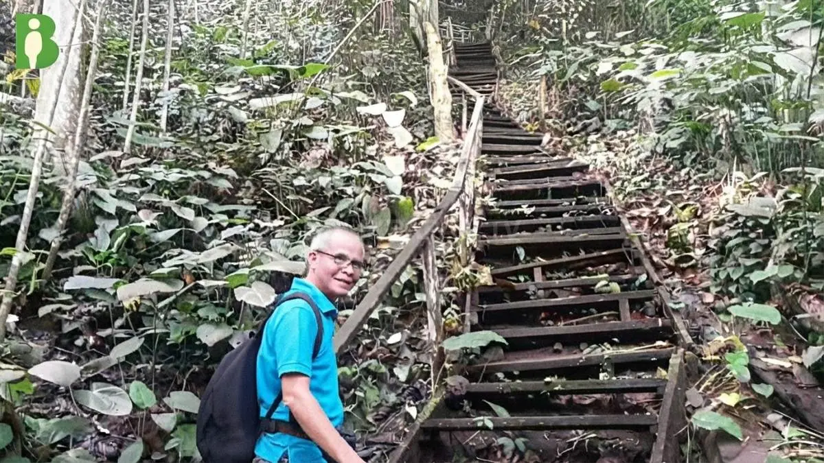 Jalur tangga menuju dasar Jantur Inar melewati pepohonan rindang dan kawasan hutan yang sejuk.