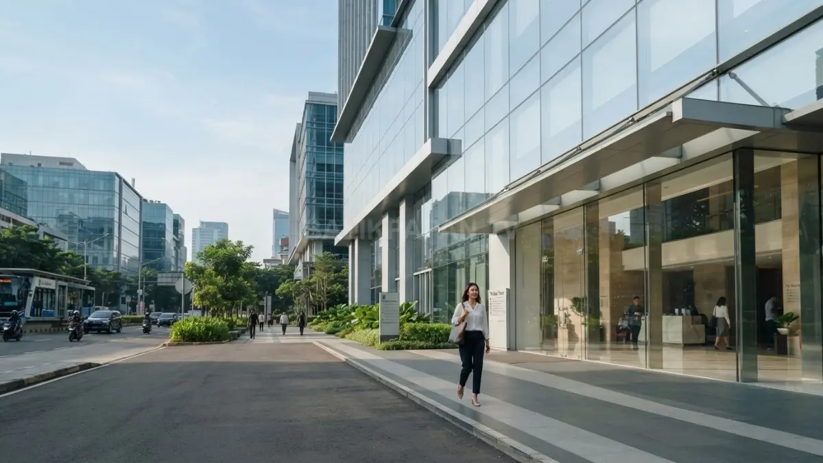 Kaca membuat gedung modern, terbuka, dan terhubung dengan lingkungan melalui fasad transparan yang elegan alami. (BTV/AI)
