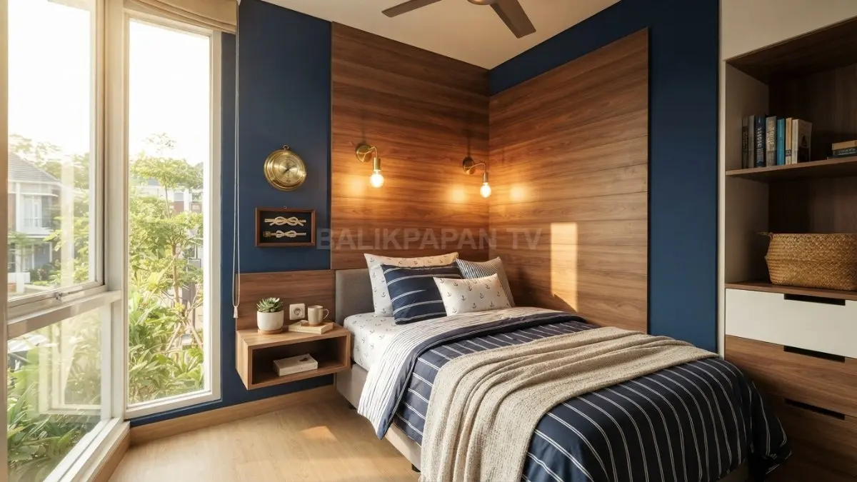 Kamar bergaya kabin kapal memadukan dinding kayu, warna navy, pencahayaan hangat, dan aksesori maritim. (BTV/AI)