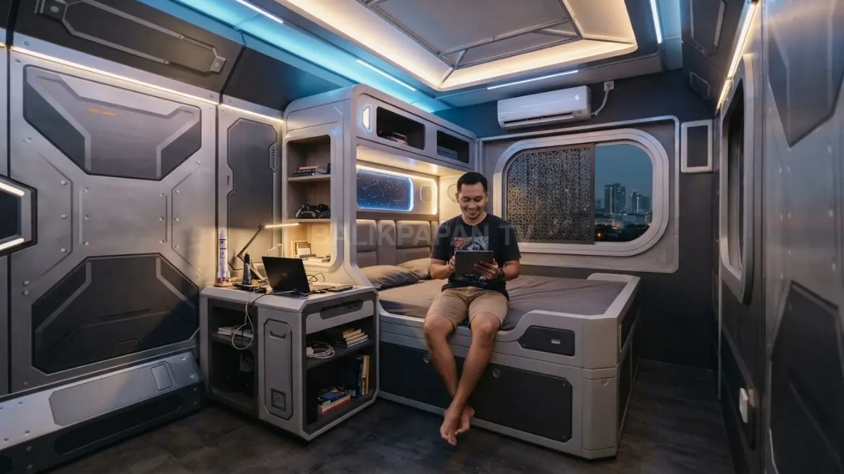 Kamar bergaya kabin roket memadukan panel dinding futuristik, pencahayaan terkontrol, penyimpanan kompak, dan nuansa antariksa. (BTV/AI)