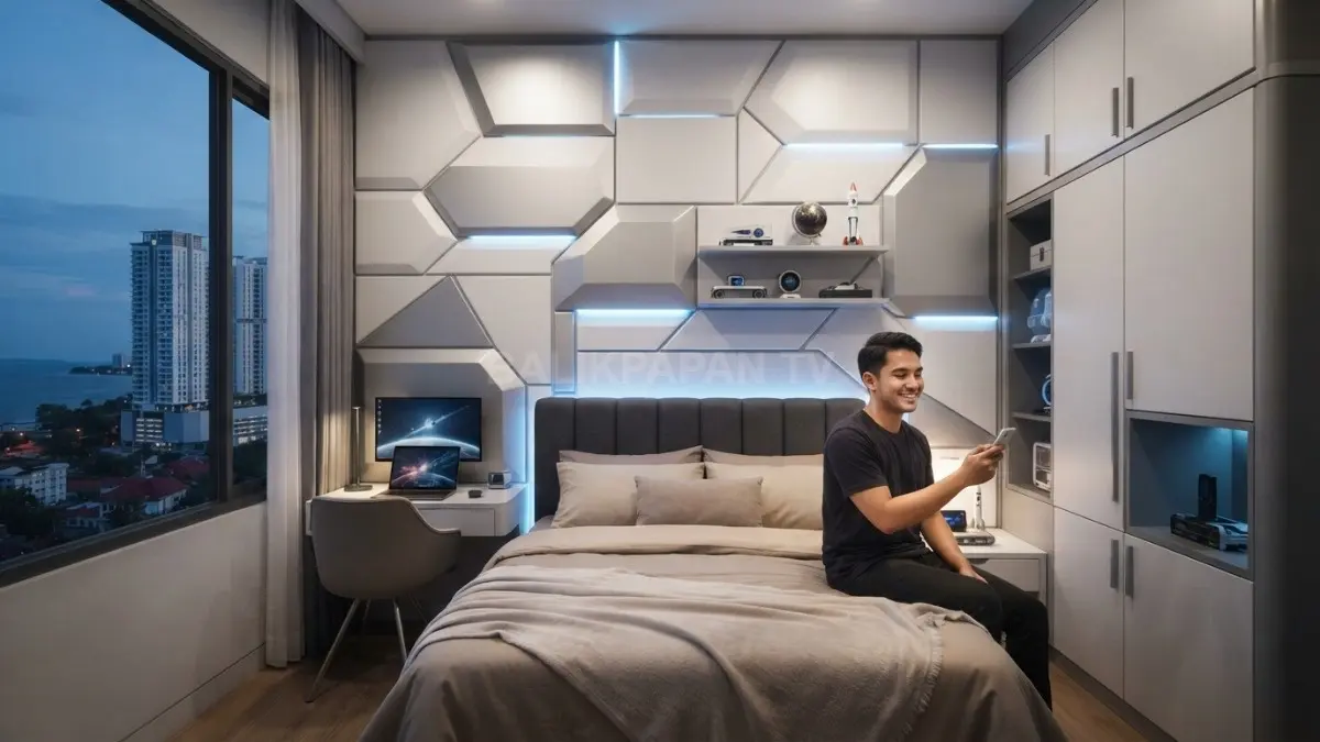 Kamar bergaya kabin roket memadukan panel futuristik, pencahayaan LED, warna metalik, dan penyimpanan terintegrasi modern. (BTV/AI)