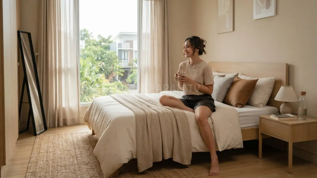 Kamar bernuansa netral dengan tekstur hangat menciptakan suasana minimalis yang nyaman, tenang, dan elegan. (BTV/AI)
