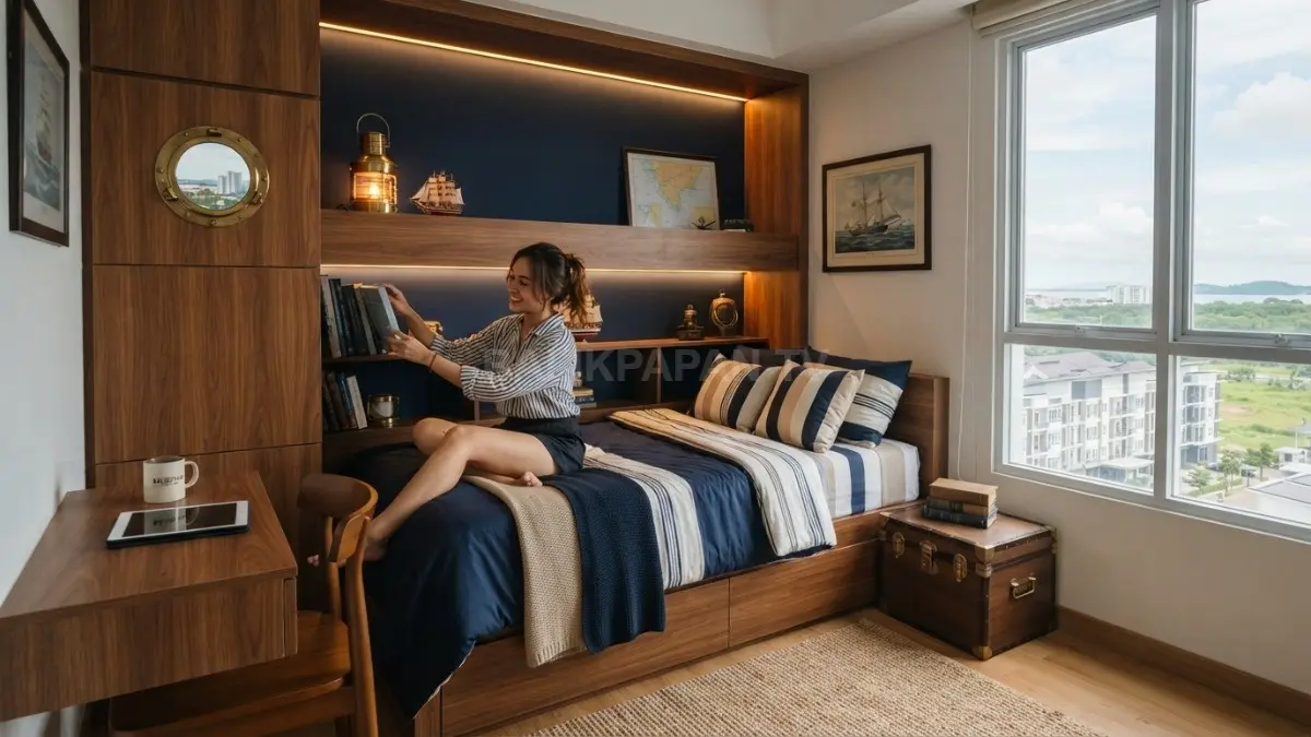 Kamar bertema kapal memadukan dinding kayu, warna navy, pencahayaan hangat, dan detail maritim yang elegan. (BTV/AI)