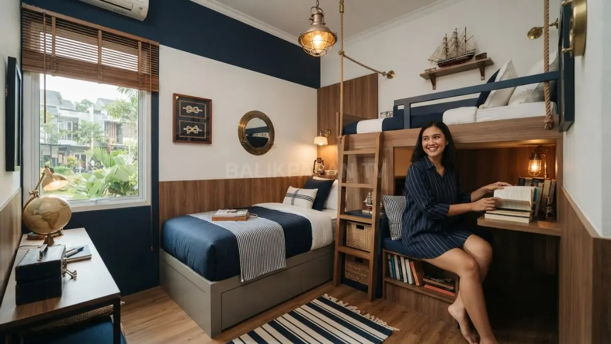 Kamar bertema kapal memadukan warna laut, material kayu, pencahayaan hangat, furnitur kompak, dan aksesori maritim. (BTV/AI)