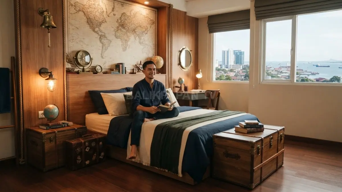 Kamar kapal ekspedisi memadukan peta dunia, kompas, kotak kayu, navy, dan dekorasi perjalanan bernuansa petualangan. (BTV/AI)