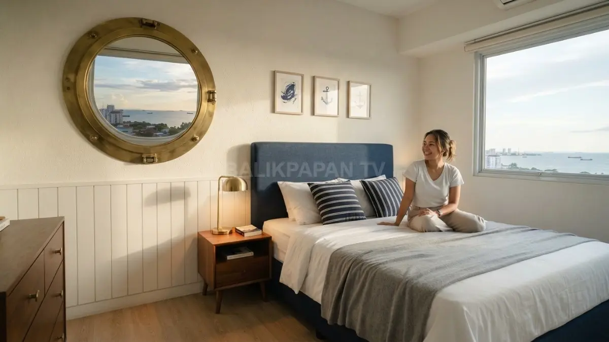 Kamar kapal pesiar menghadirkan porthole mirror, headboard navy, aksen kuningan, dan material kayu alami elegan. (BTV/AI)