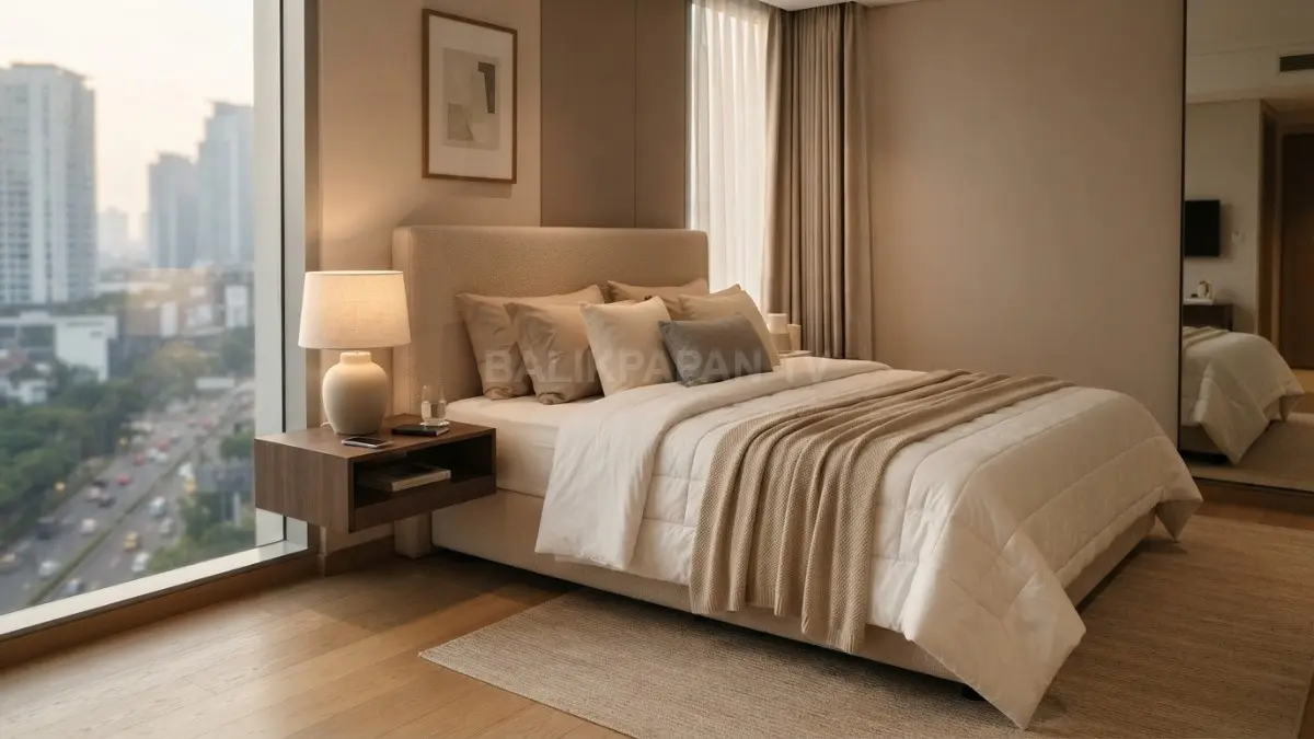 Kamar minimalis bernuansa hotel tampil hangat dengan warna beige, headboard, lampu samping, dan tekstil berlapis (BTV/AI)
