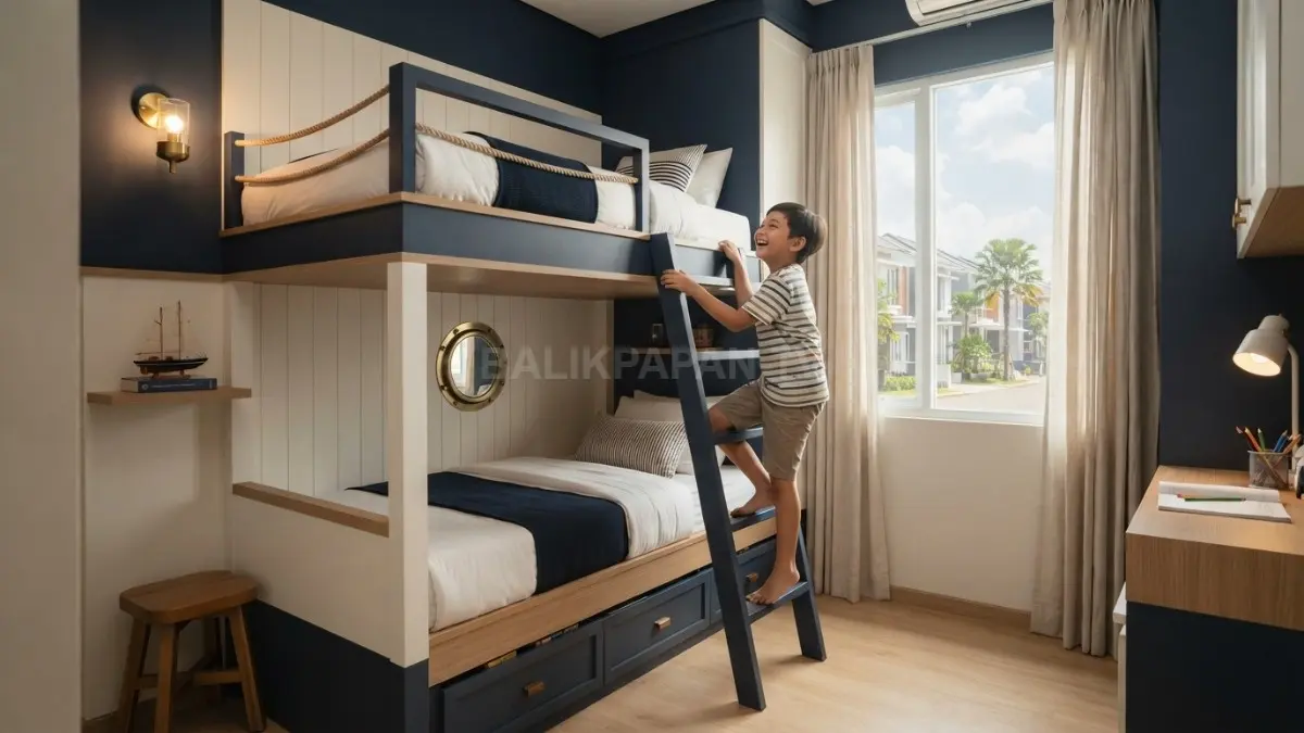 Kamar nautical dengan bunk bed kayu memadukan warna navy, putih, penyimpanan, dan detail maritim yang fungsional. (BTV/AI)