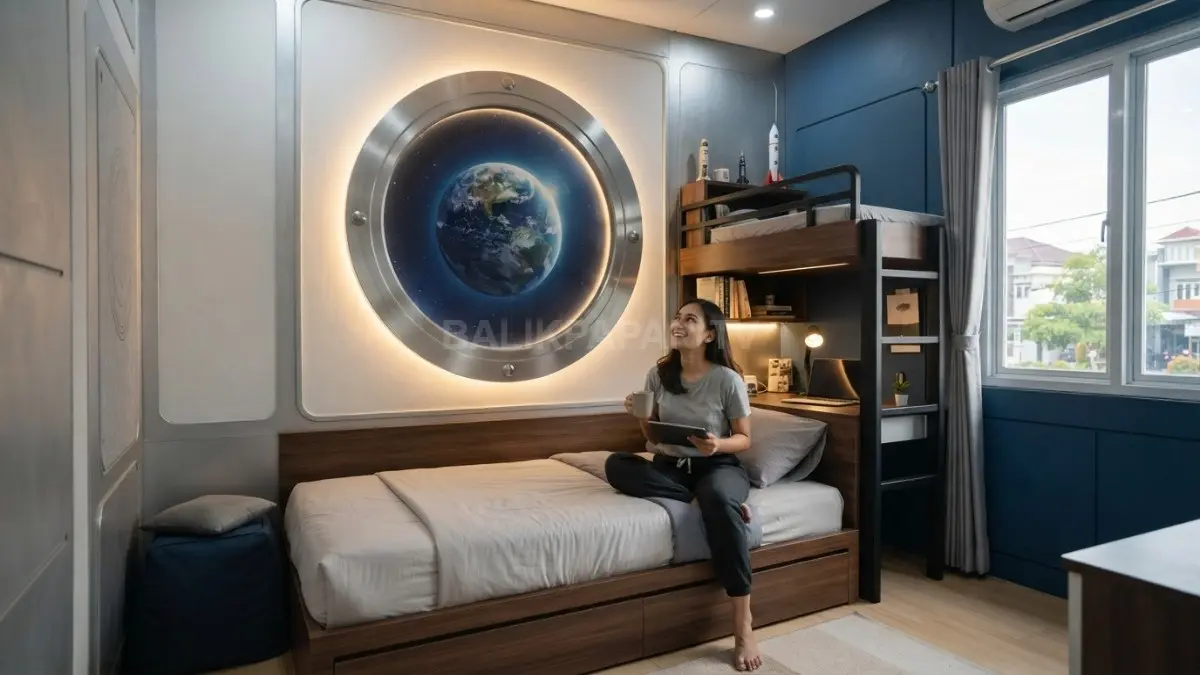 Kamar roket futuristik menghadirkan jendela porthole, pemandangan Bumi, pencahayaan indirect, serta warna metalik modern. (BTV/AI)