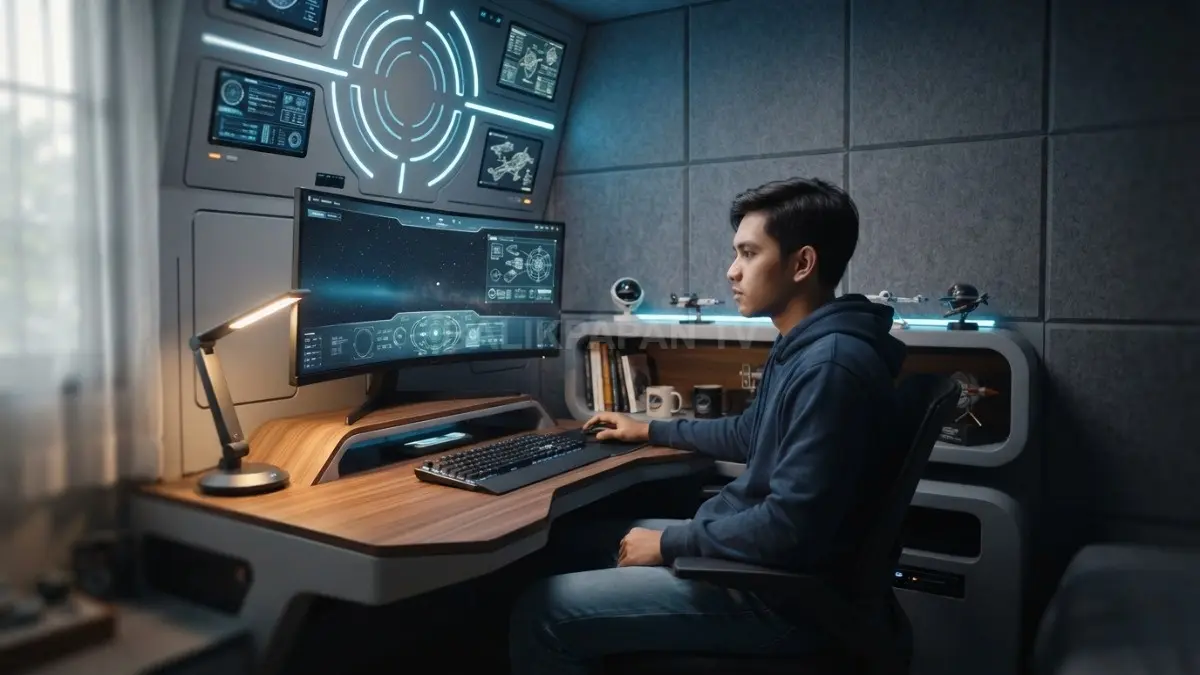 Kamar roket futuristik menghadirkan meja cockpit, panel dinding, pencahayaan terarah, serta penyimpanan kompak yang fungsional. (BTV/AI)