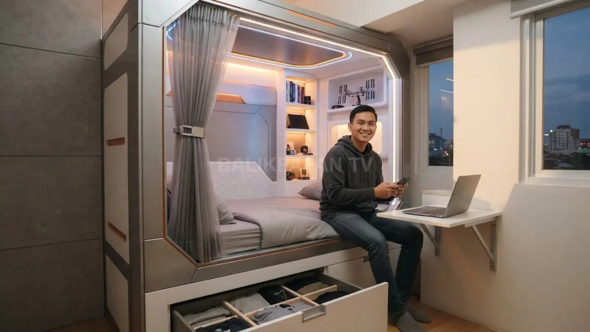 Kamar roket minimalis menghadirkan tempat tidur bergaya crew quarters dengan headboard, rak vertikal, dan penyimpanan tersembunyi. (BTV/AI)